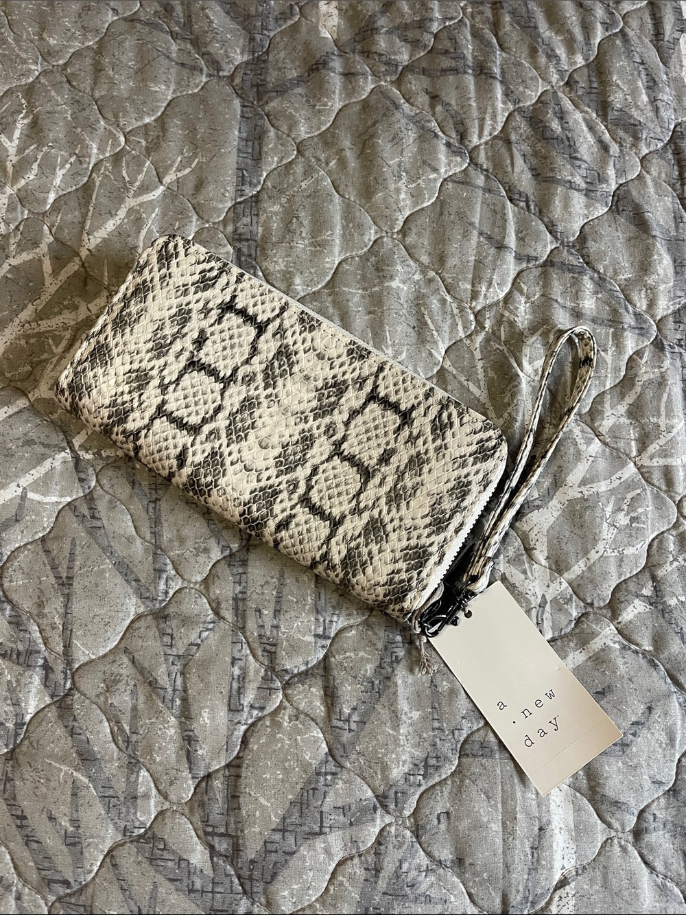 a new day Snake-Print Zip Wristlet in Black and Cream